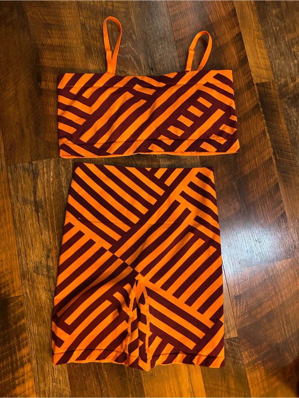 YITTY Orange & Maroon Striped Bike Shorts Set
